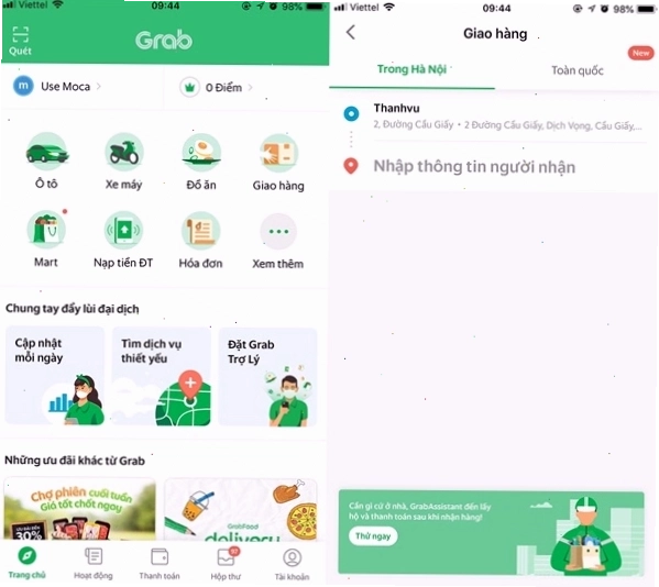 Lựa chọn dịch vụ giao hàng trên ứng dụng GrabExpress