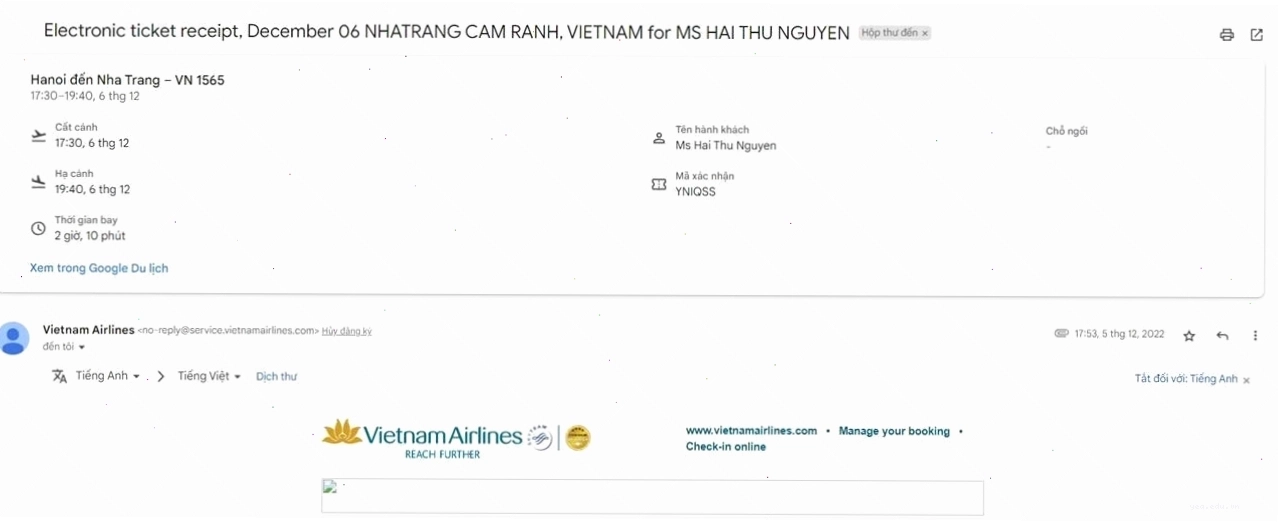 Mã đặt chỗ và số vé điện tử Vietnam Airlines