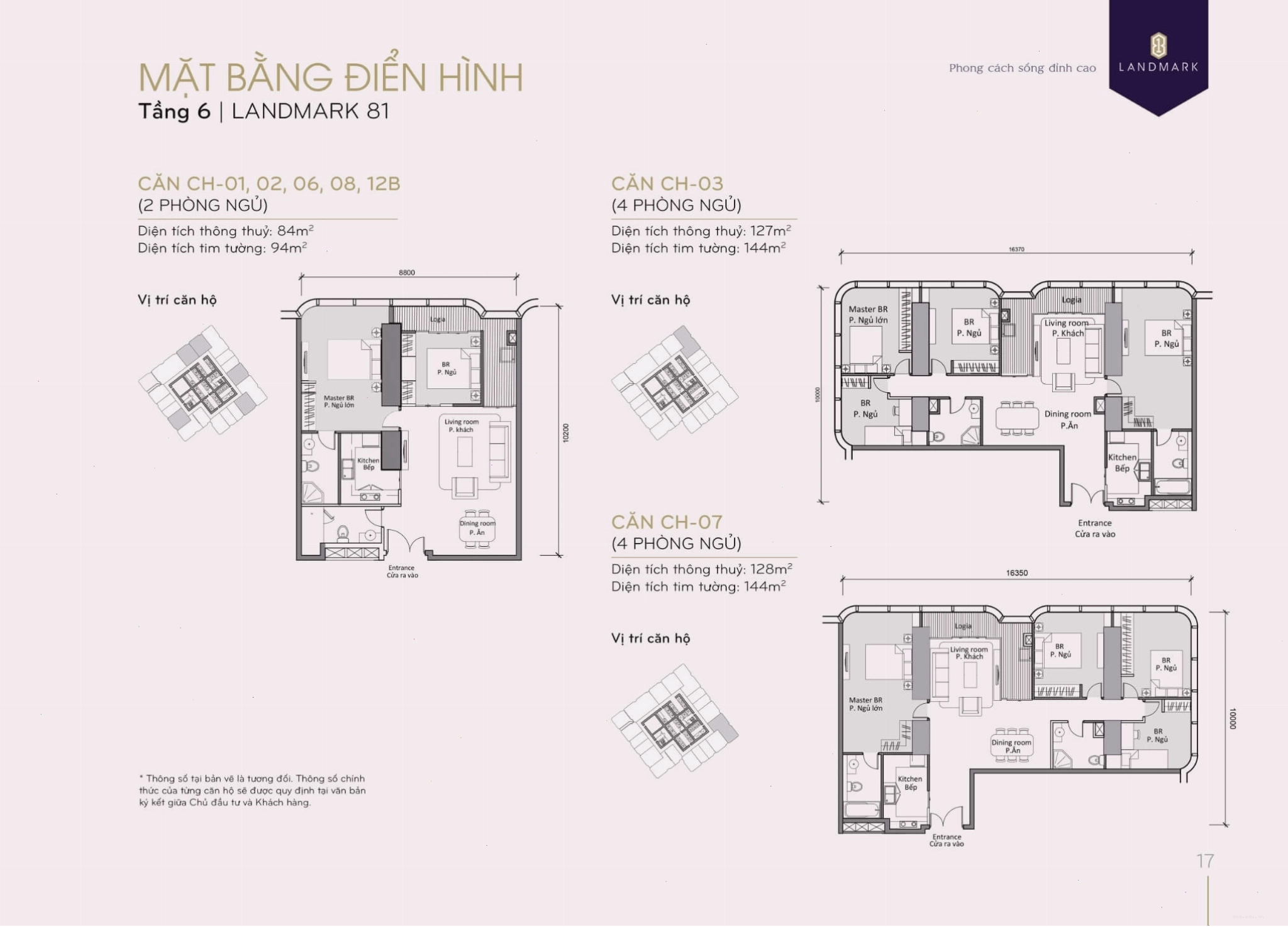 Mặt bằng các căn hộ 01, 02, 03, 06, 08, 12B tầng 6 tòa Landmark 81