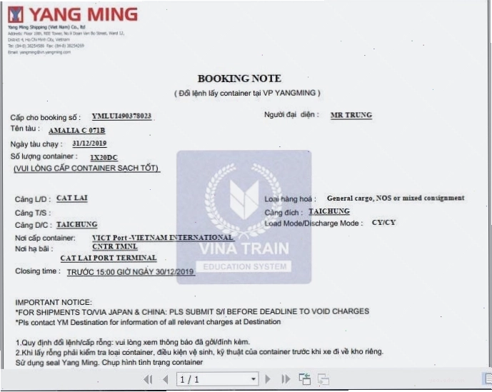 Mẫu booking receipt notice với các thông tin chi tiết về vận chuyển