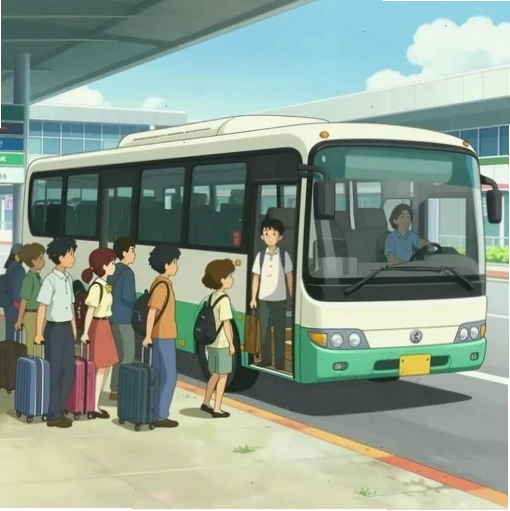 Minh họa một chiếc shuttle bus hiện đại đang đỗ tại bến xe