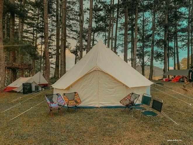 Mô tả camping: Khách tự dựng lều, chuẩn bị đồ ăn và sinh hoạt ngoài trời