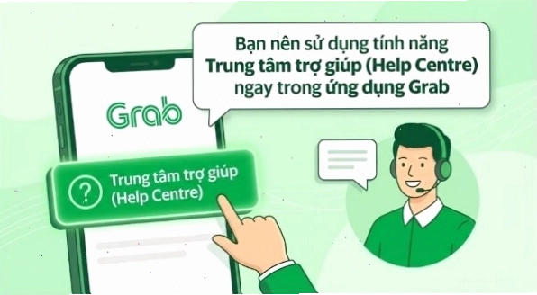 Người dùng chọn tính năng “Trợ giúp” ngay trong ứng dụng Grab để bắt đầu quy trình liên hệ hỗ trợ.
