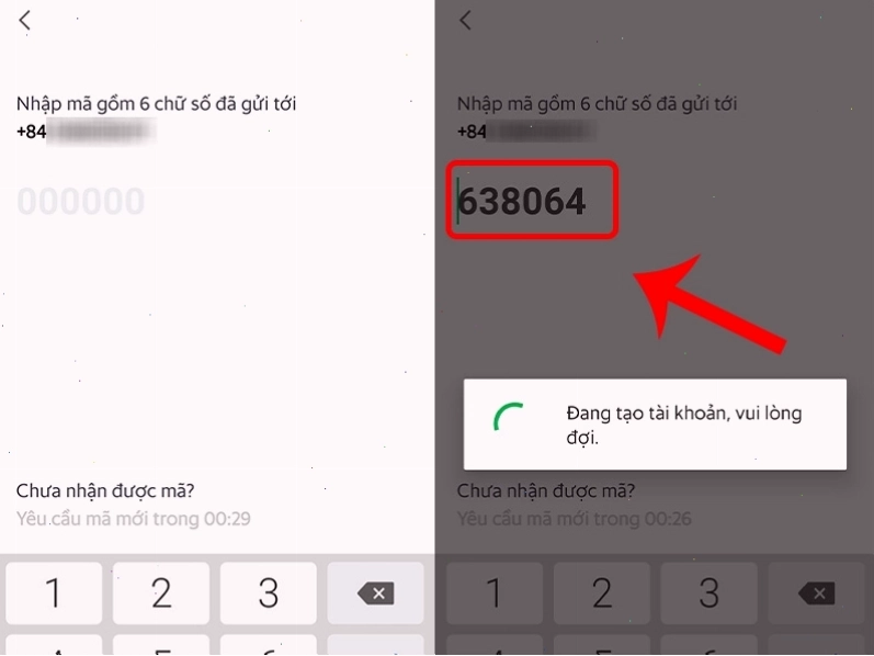 Nhập mã xác nhận được gửi về số điện thoại đăng ký