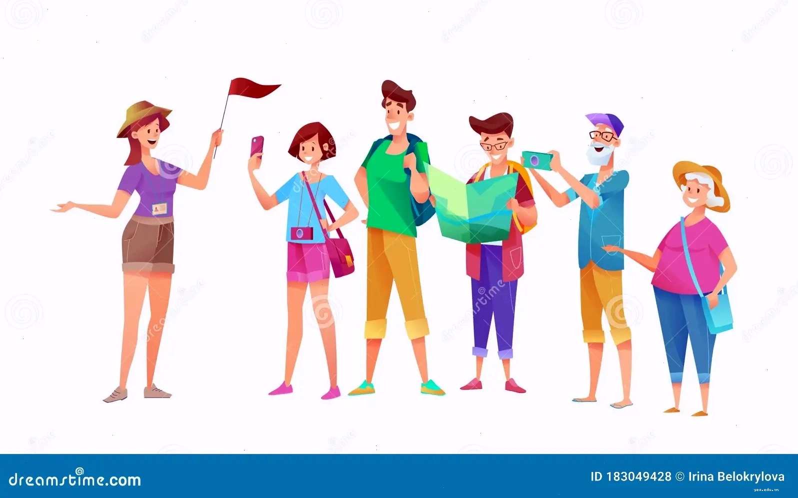 Nhóm du khách vui vẻ chụp ảnh cùng hướng dẫn viên du lịch