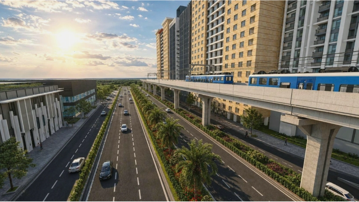 Phối cảnh tuyến Metro Bình Dương đoạn trên Quốc lộ 13 đi bên phải tuyến đường bộ