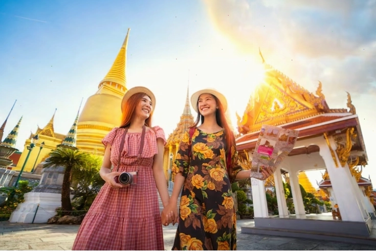 Photo hai cô bạn gái người châu á du lịch và kiểm tra vị trí bằng bản đồ ở grand palace