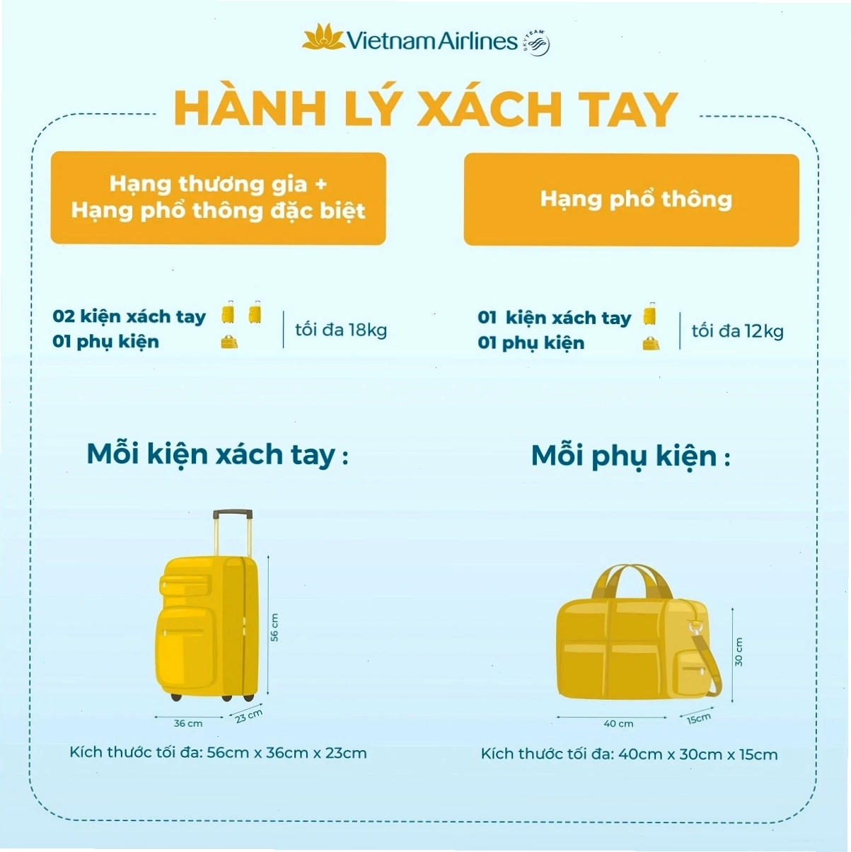 Quy định hành lý xách tay Vietnam Airlines chi tiết theo hạng vé