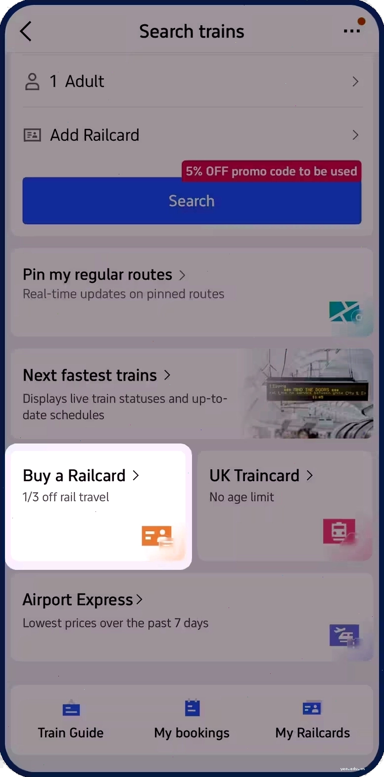 Quy trình chọn mua thẻ Railcard trên ứng dụng