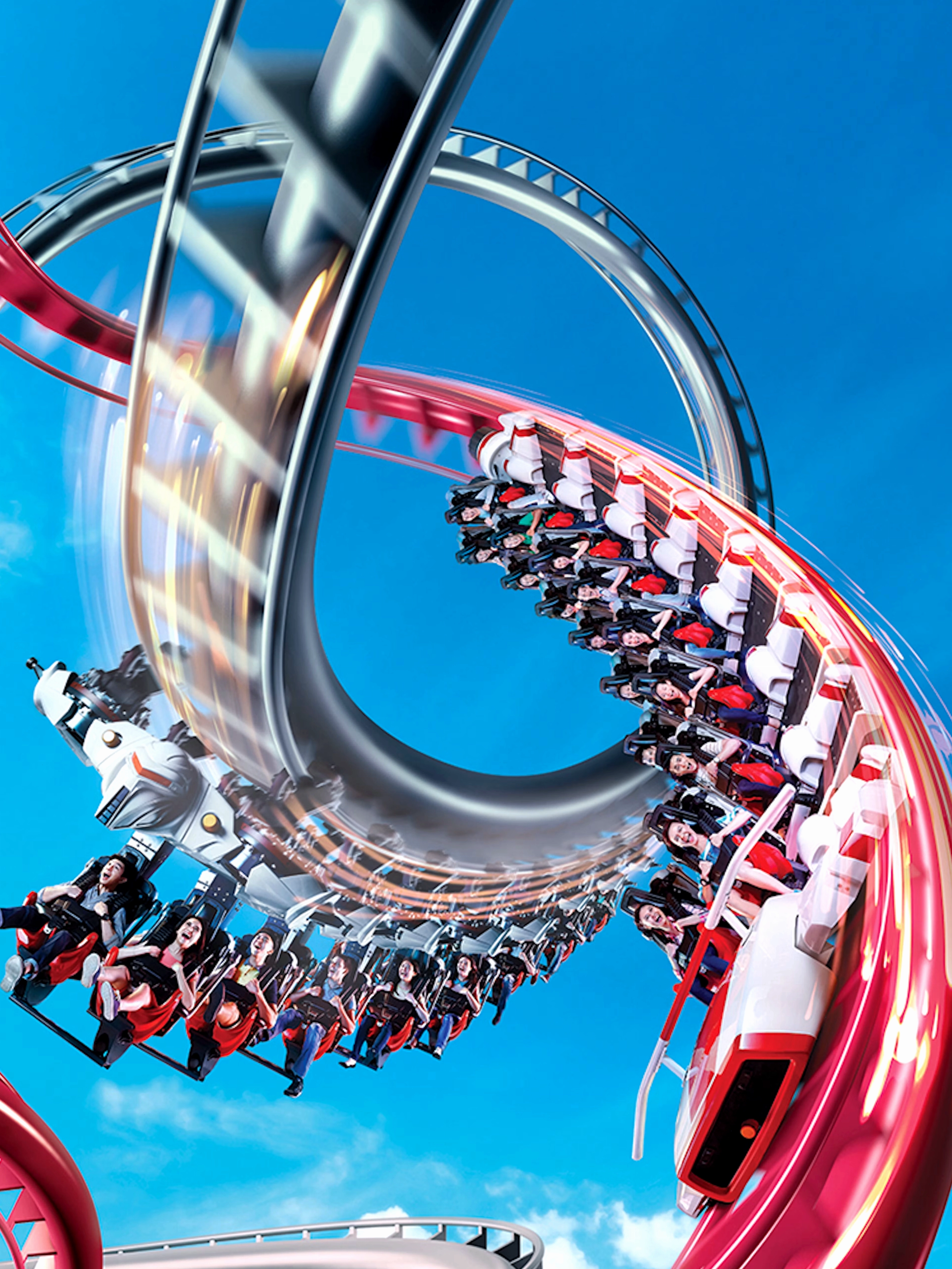 Rollercoaster loop at Universal Studios Singapore against a blue sky