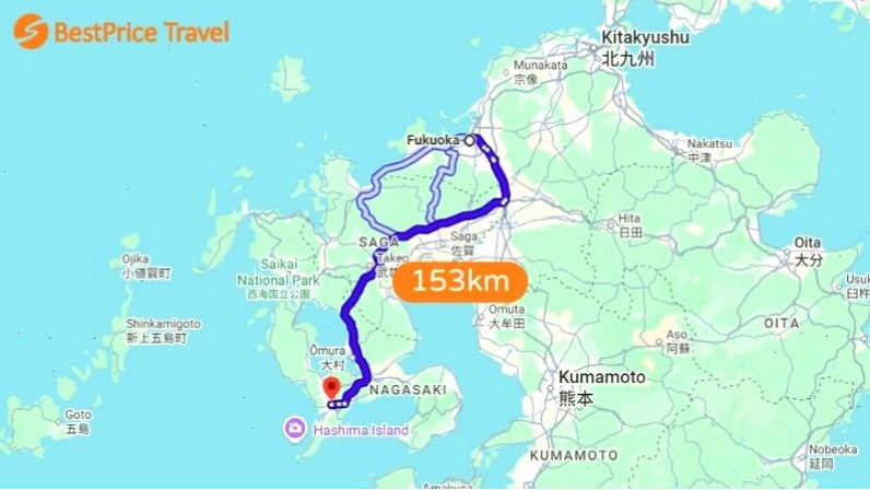 Sơ đồ khoảng cách từ Nagasaki tới các thành phố lớn
