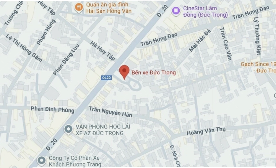 Sơ đồ minh họa vị trí bến xe Đức Trọng gần Sân bay Liên Khương