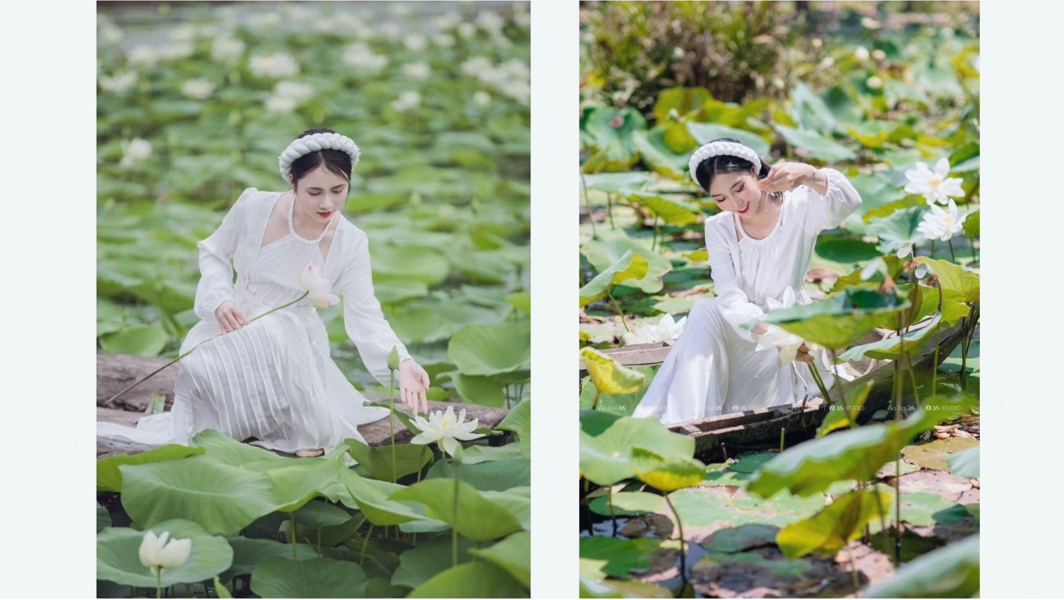 Tạo dáng đứng chụp ảnh đầm sen khoe dáng