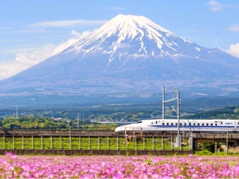 Tàu Shinkansen hiện đại di chuyển qua Nhật Bản