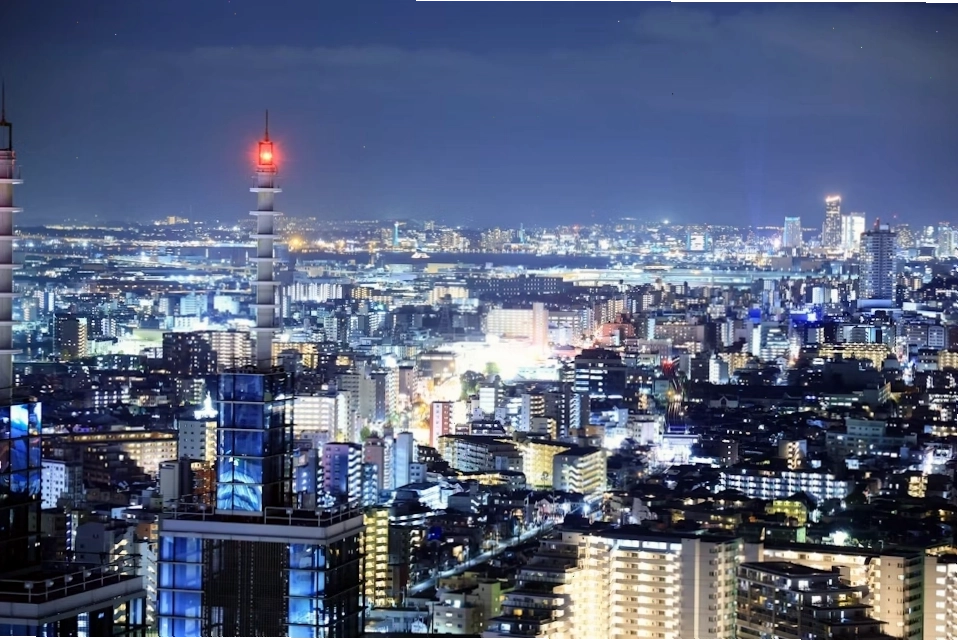 Toàn cảnh thành phố về đêm với tháp Tokyo Tower nhìn thấy
