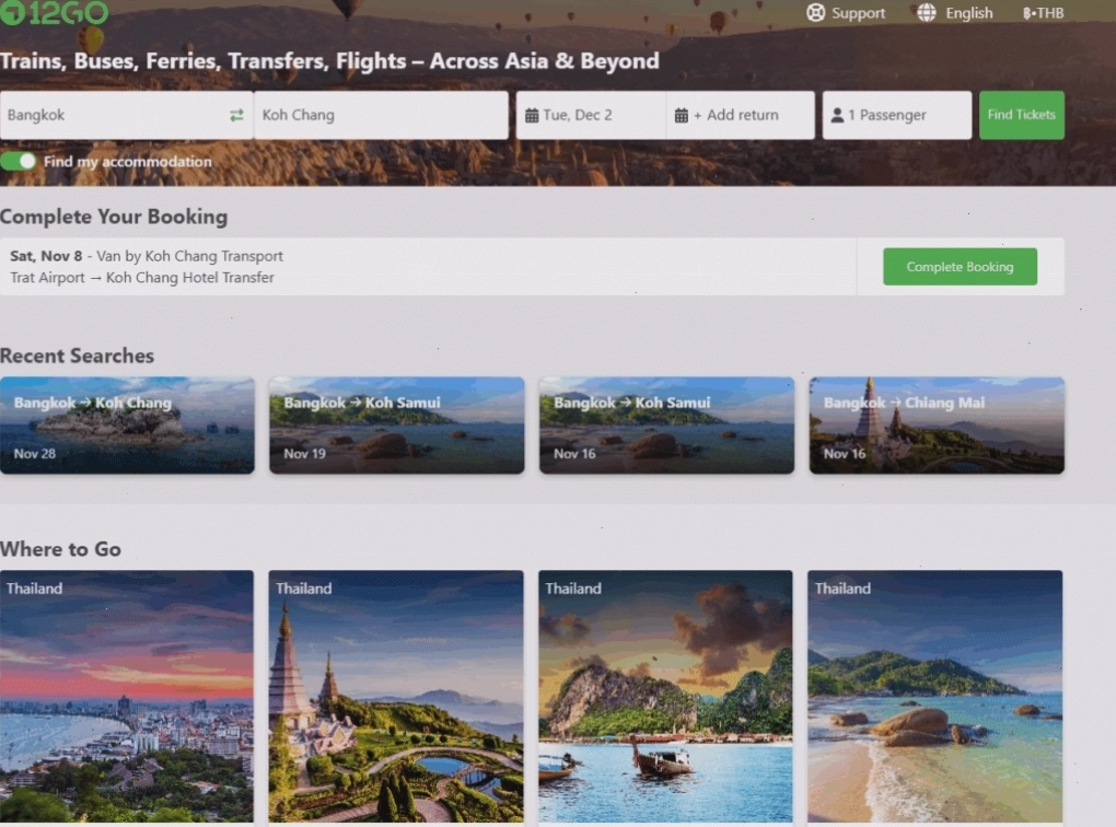Trang web 12Go Asia hiển thị công cụ tìm kiếm hành trình và các chuyến đi gần đây tại Thái Lan