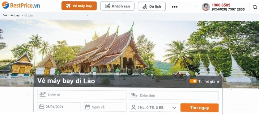 Trang web đặt vé máy bay BestPrice với giao diện tìm kiếm vé máy bay đi Lào