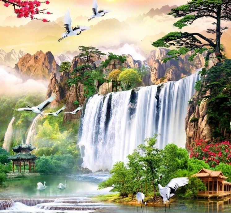 Tranh phong cảnh hữu tình vẽ cảnh núi non và dòng suối