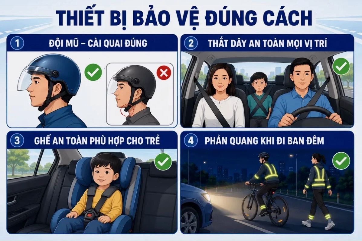 Trẻ em cần được trang bị mũ bảo hiểm đúng cách và thắt dây an toàn