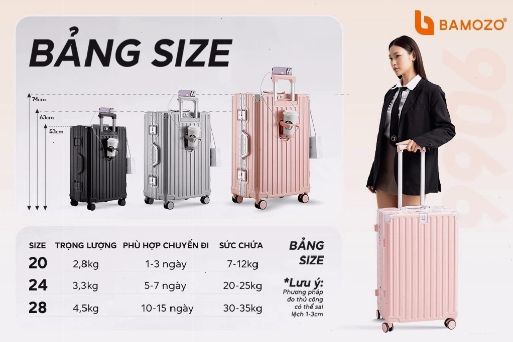 Vali size 20 inch nhỏ gọn, tiện lợi cho các chuyến đi ngắn ngày