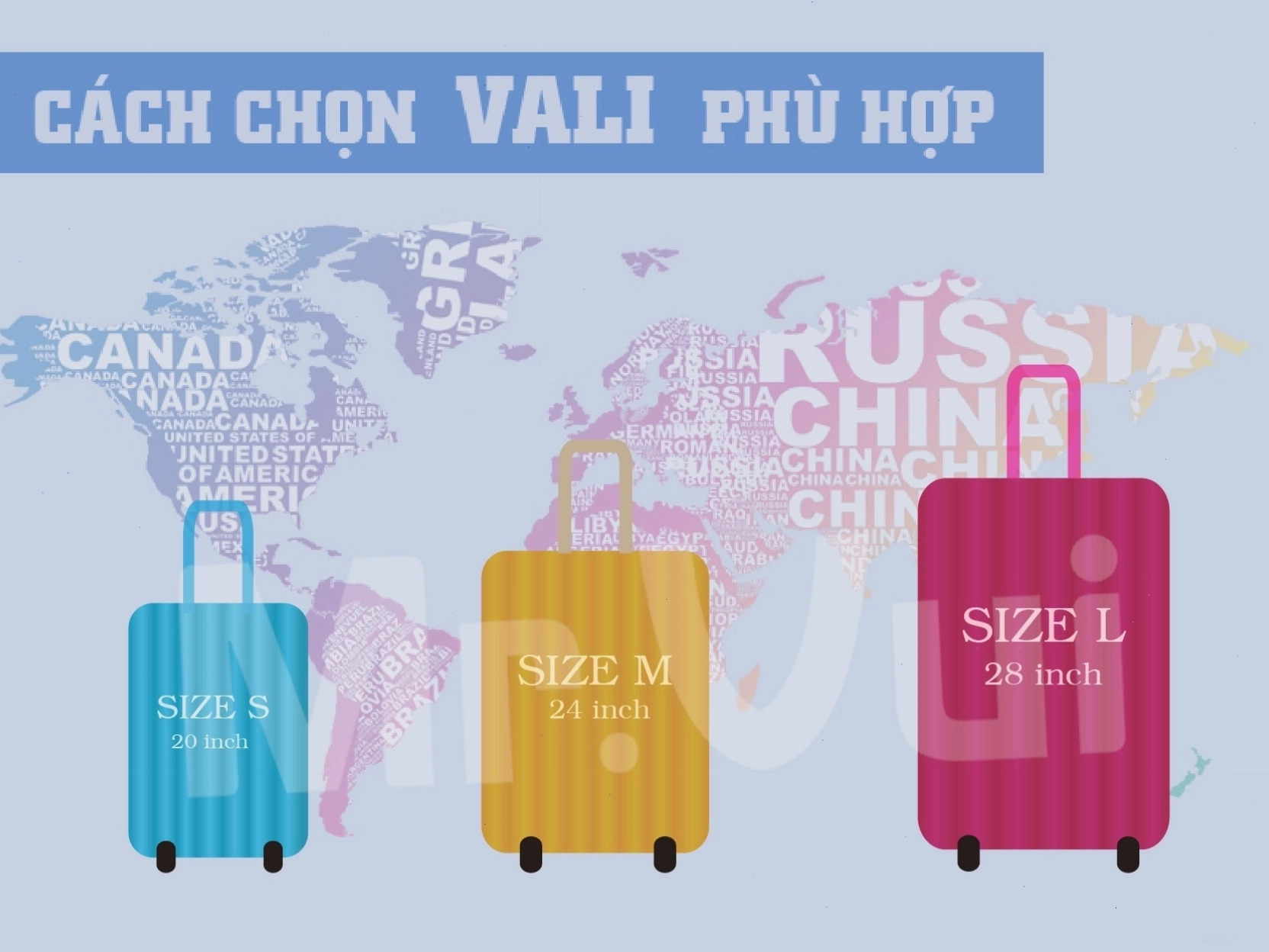 Vali size 20, vali size 24, vali size 28 - lựa chọn đa dạng cho mọi nhu cầu