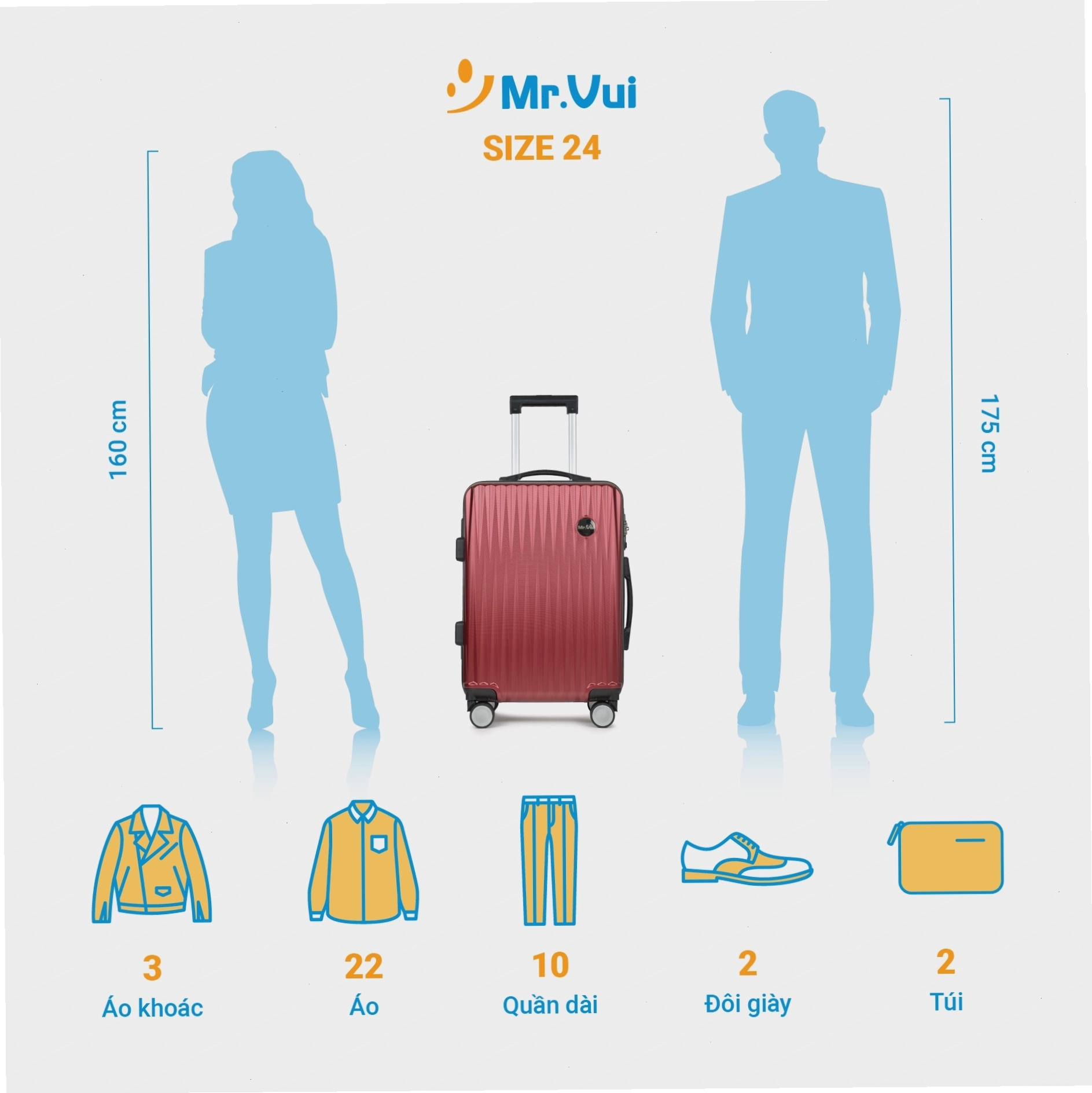 Vali size 24 inch màu đỏ cá tính