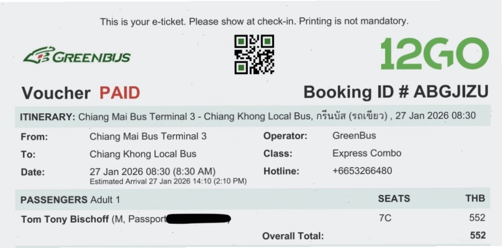 Vé điện tử GreenBus của 12Go từ Chiang Mai đi Chiang Khong hiển thị thông tin nhà cung cấp, chỗ ngồi, giá vé và chi tiết check-in