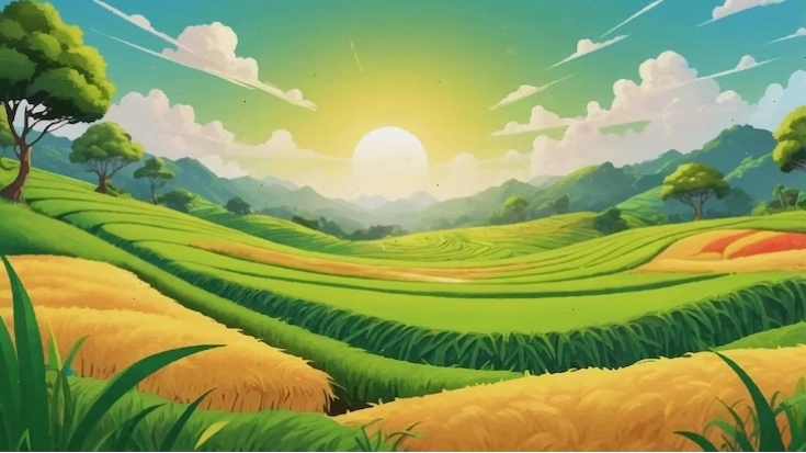 Vector cánh đồng lúa theo phong cách hoạt hình kỳ lạ dưới ánh nắng ấm áp