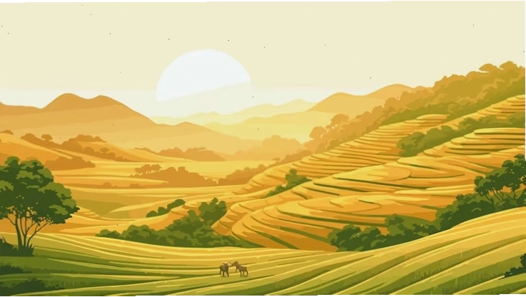 Vector hoàng hôn tuyệt đẹp trên những cánh đồng ruộng bậc thang ở mù cang chải yên bái