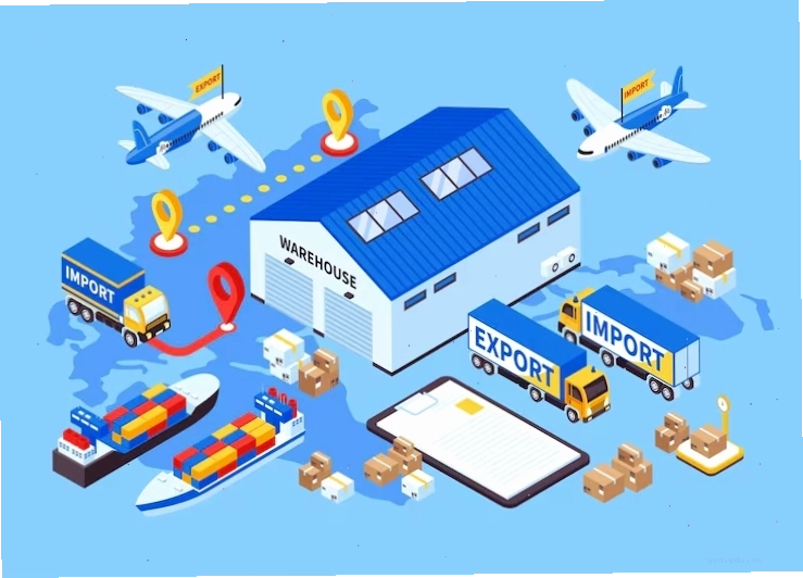 Vector minh họa hệ thống xe chở hàng và kho bãi trong logistics