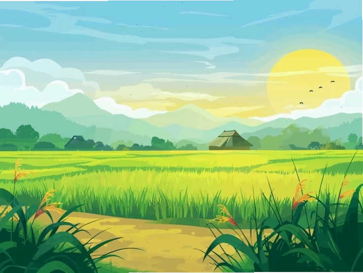 Vector một bức tranh về một cánh đồng lúa với cảnh hoàng hôn ở phía sau