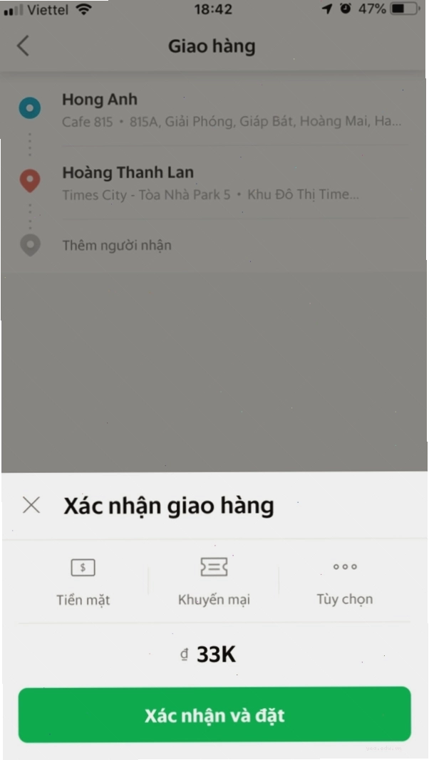 Xác nhận đặt đơn hàng Grab ship COD
